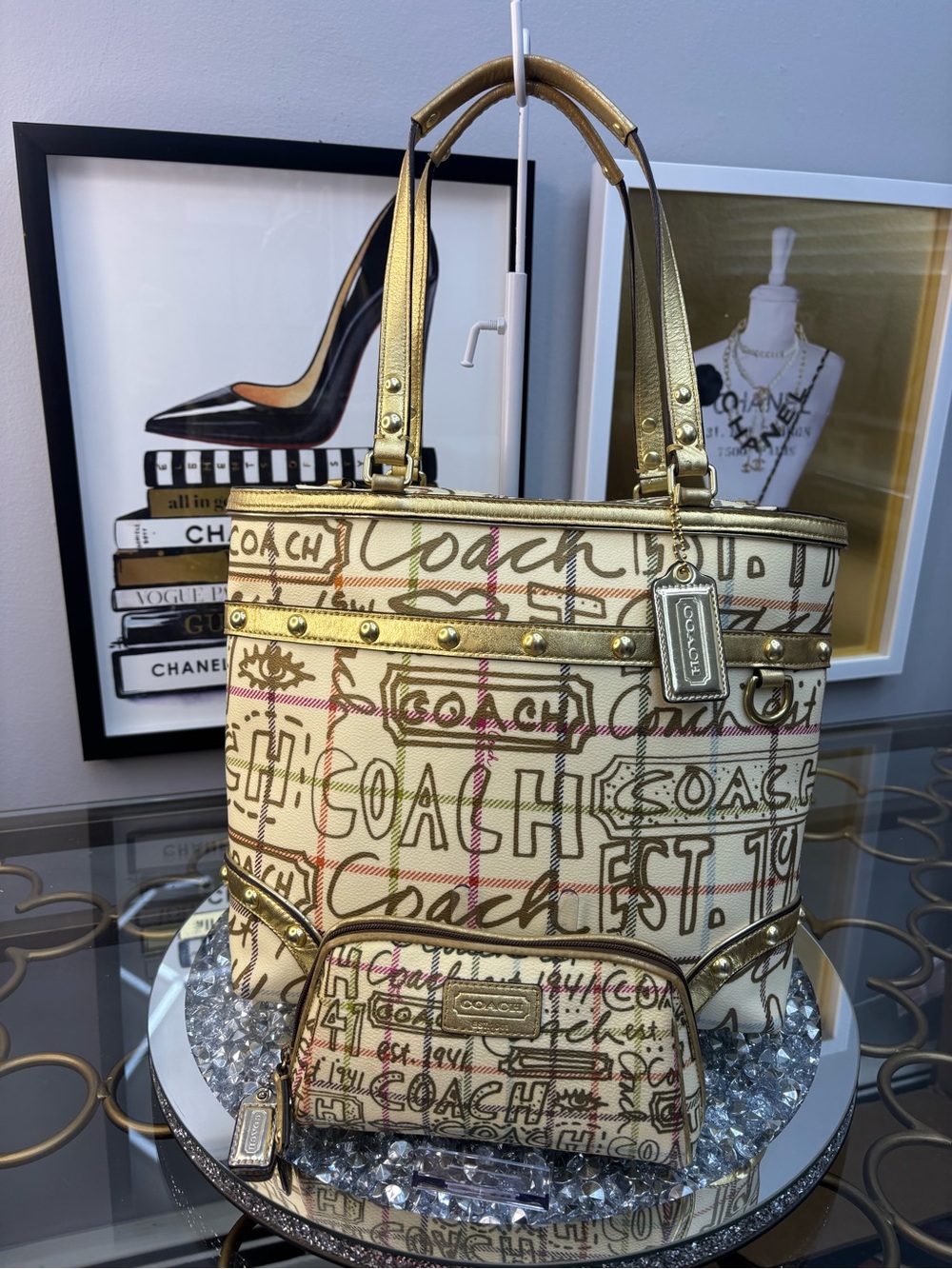 Coach 2009 Heritage Tattersall Graffiti Gold Tote W/ matching cosmetic pouch EUC